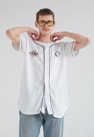 VINTAGE BOXY FIT SHORT SLEEVE BASEBALL SHIRT IN WHITE L