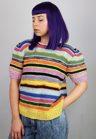 VINTAGE HANDMADE STRIPED RAINBOW KNIT SHORT SLEEVES TOP