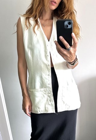 VINTAGE WHITE SATIN SLEEVELESS BLOUSE / VEST - LARGE 