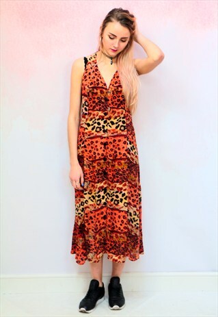 1980S VINTAGE ORANGE LEOPARDPRINT BUTTON UP MIDI DRESS