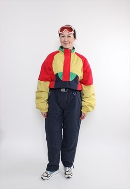 90s one piece ski suit, woman vintage snowsuit, multicolor 