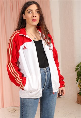VINTAGE 80S ADIDAS TRACK JACKET IN RED AND WHITE