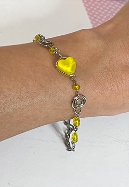Y2K Silver and Yellow Heart Glass Bracelet