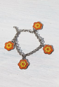 Deadstock silver/orange/yellow enamel flower charm bracelet