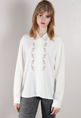 VINTAGE 80S CREAM FLORAL EMBROIDERED BLOUSE SHIRT TOP