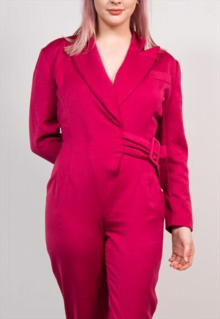 VINTAGE 90'S BRIGHT PINK LONG SLEEVE BELTED PLAYSUIT