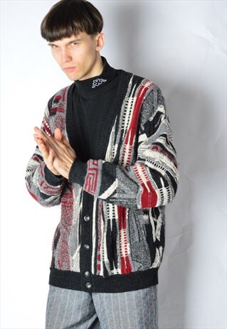 VINTAGE 90S ABSTRACT WOOL BLEND CARDIGAN