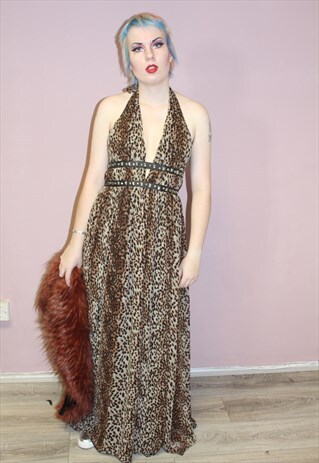 VINTAGE LEOPARD PRINT GRECIAN STYLE MAXI PARTY EVENING DRESS