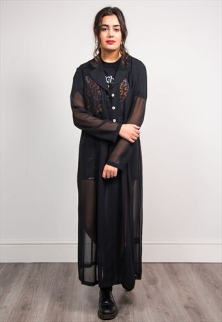 90'S VINTAGE SHEER BLACK LONG LINE KIMONO SHIRT