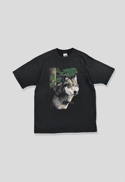 Vintage 90s Fruit of the Loom Graphic Wolf T-Shirt in Black