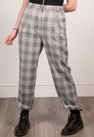 90'S GREY CHECK HIGH WAIST TROUSERS