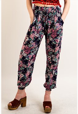 Floral Print Loose Fit Cotton Trousers in blue