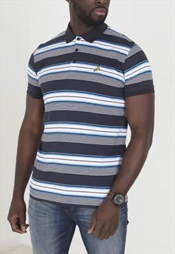 Embroidered Bird Striped Polo In Navy