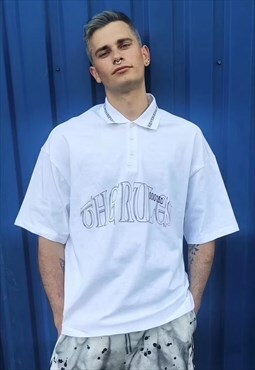 Gothic slogan polo shirt drop shoulder punk collar top white