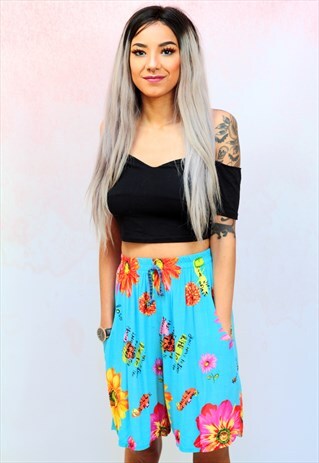 1990S VINTAGE BLUE FLORAL PATTERNED CULLOTTES SHORTS