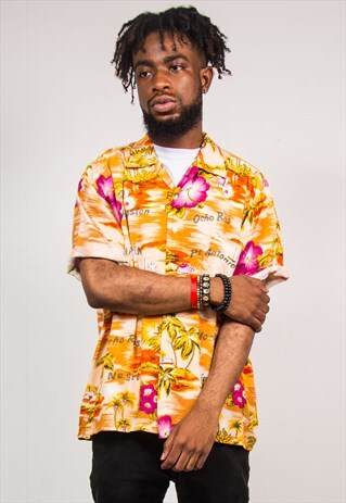 90'S VINTAGE HAWAIIAN ORANGE FLORAL SHORT SLEEVE SHIRT