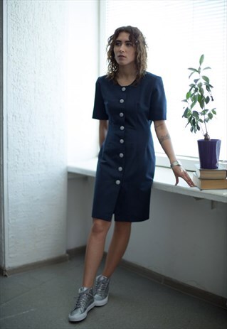 VINTAGE 80'S NAVY BUTTON UP SHORT SLEEVED DRESS