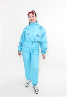 Vintage one piece ski suit, 90s blue snowsuit women winter