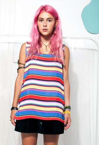 VINTAGE RAINBOW TOP 90S CRAYON COLOUR STRIPED BLOUSE