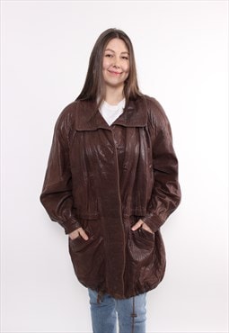 Vintage 90s leather jacket, brown color women trench coat