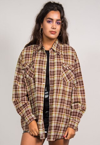 VINTAGE 90'S BROWN CHECKED FLANNEL OVERSIZED SHIRT