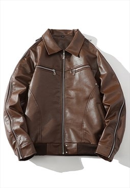 Faux leather varsity jacket extreme zipper grunge bomber