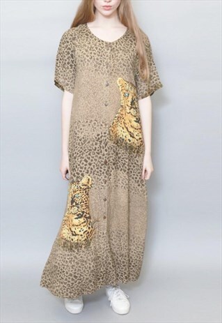 VINTAGE 1990'S BROWN LEOPARD PRINT MAXI DRESS
