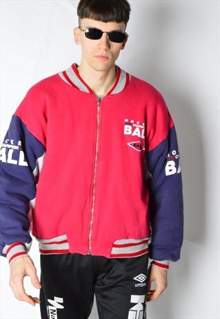 VINTAGE 80S RED COLOUR BLOCK THICK BOMBER JACKET