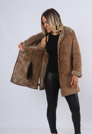 SHEEPSKIN SUEDE SHEARLING COAT LEATHER JACKET UK 10 (BJ6H)