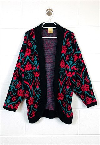 VINTAGE KNITTED CARDIGAN BLACK PINK ABSTRACT PATTERNED
