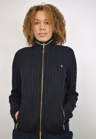 VINTAGE 90S RALPH LAUREN BLACK GOLD CABLE KNIT JACKET