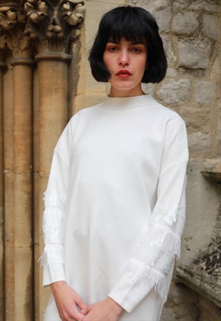 TASSEL FRINGED AND SEQUIN EMBELLISHED SLEEVES KNITTED JUMPER