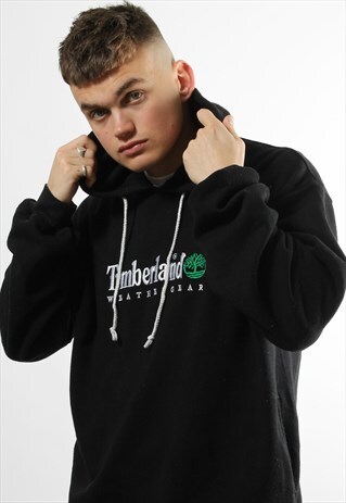 VINTAGE TIMBERLAND BLACK HOODIE WITH WHITE SPELL OUT LOGO