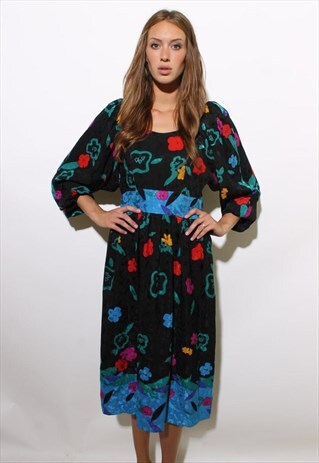 VINTAGE 1980'S 80'S BLACK FLORAL PRINT SILK MIDI DRESS M-L