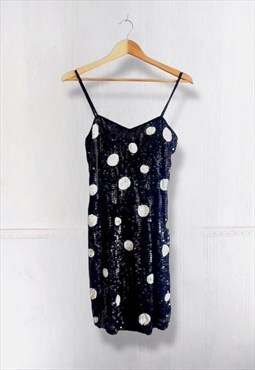 1990s Polka Dot Black and White Sequin Dress