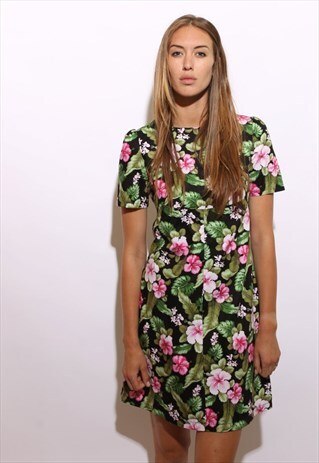 VINTAGE 1980'S 80'S BLACK HAWAIIAN FLORAL PRINT SHIFT S-M