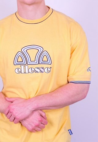 VINTAGE ELLESSE SPELL OUT EMBROIDERY T-SHIRT IN YELLOW