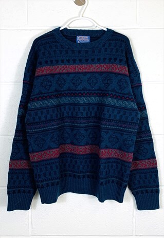 VINTAGE ABSTRACT KNITTED WOOL JUMPER/ SWEATER BLUE PATTERNED