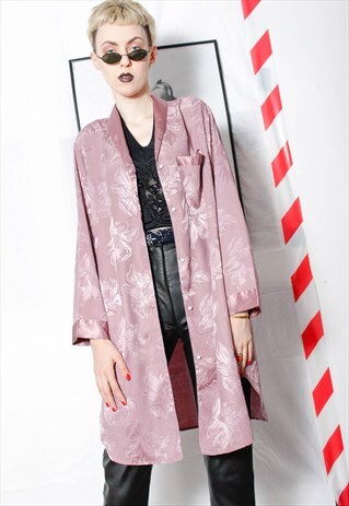 80S VINTAGE 90S GRUNGE MAUVE SATIN FLORAL KIMONO SHIRT