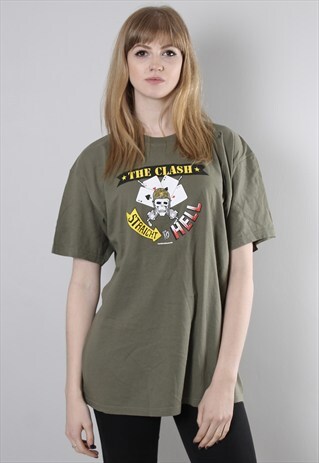 THE CLASH KHAKI GREEN STRAIGHT TO HELL BAND T-SHIRT