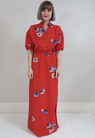 VINTAGE 70'S KIMONO STYLE RED FLORAL BUTTON MAXI DRESS