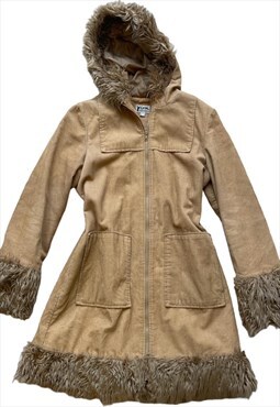 Vintage Y2k Afghan Hooded Coat Corduroy Faux Fur Beige
