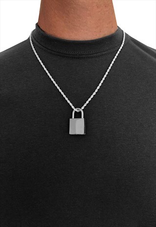 18" 20MM PADLOCK PENDANT ROPE SNAKE NECKLACE CHAIN - SILVER