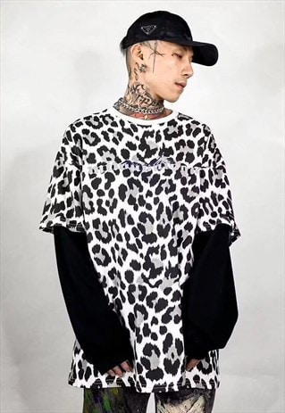 Leopard fake 2 sleeve Sweat animal print bleached tee white