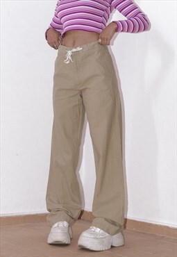 Indie Aesthetic 90s Wide Leg Beige Linen Pants
