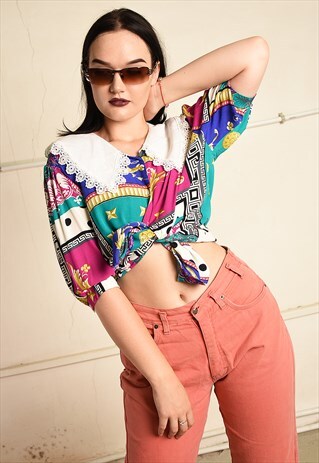 VINTAGE 80S COLOUR BLOCK TRIMMED BLOUSE TOP