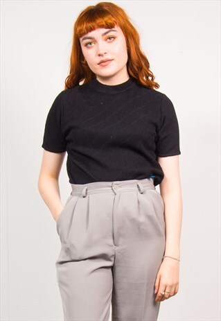 VINTAGE 70'S BLACK KNIT HIGH NECK RIBBED TOP