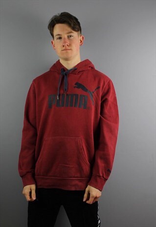 VINTAGE PUMA HOODIE IN RED WITH PRINTED LOGO AND POUCH POCKE