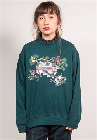 90'S GREEN CATS & BIRDS PRINT HIGH NECK CUTE SWEATSHIRT