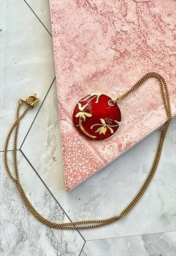 80s Red Floral Cloisonne Boho Pendant Vintage Jewellery 